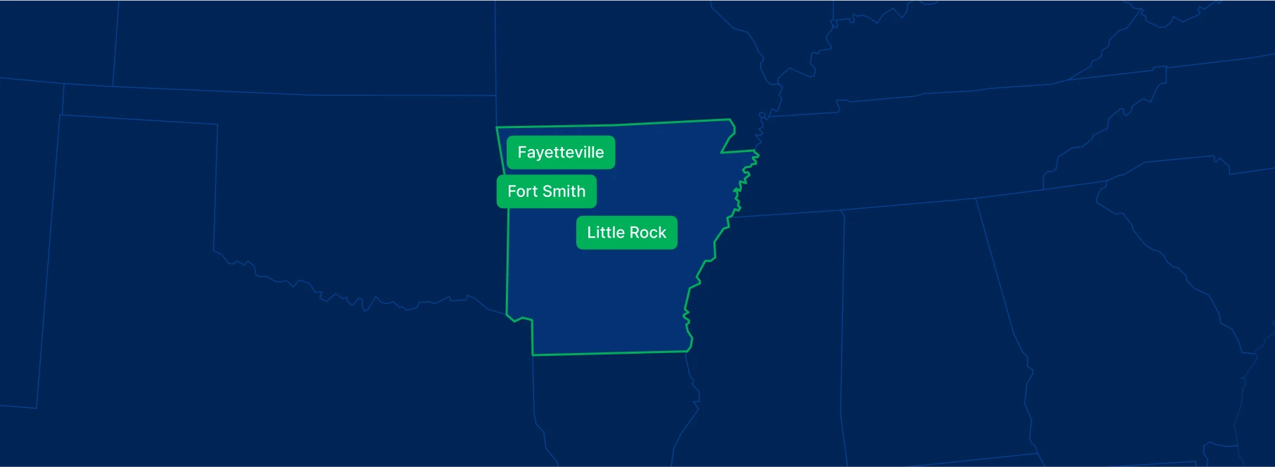 Display the Arkansas state on the map with highlighted cities – Little Rock, Fort Smith and Fayetteville.