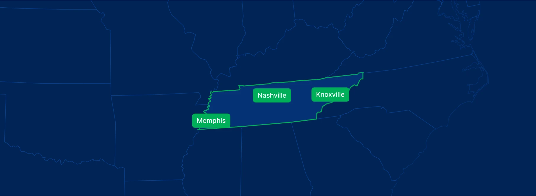 Display the Tennessee state on the map with highlighted cities – Nashville, Memphis and Knoxville.