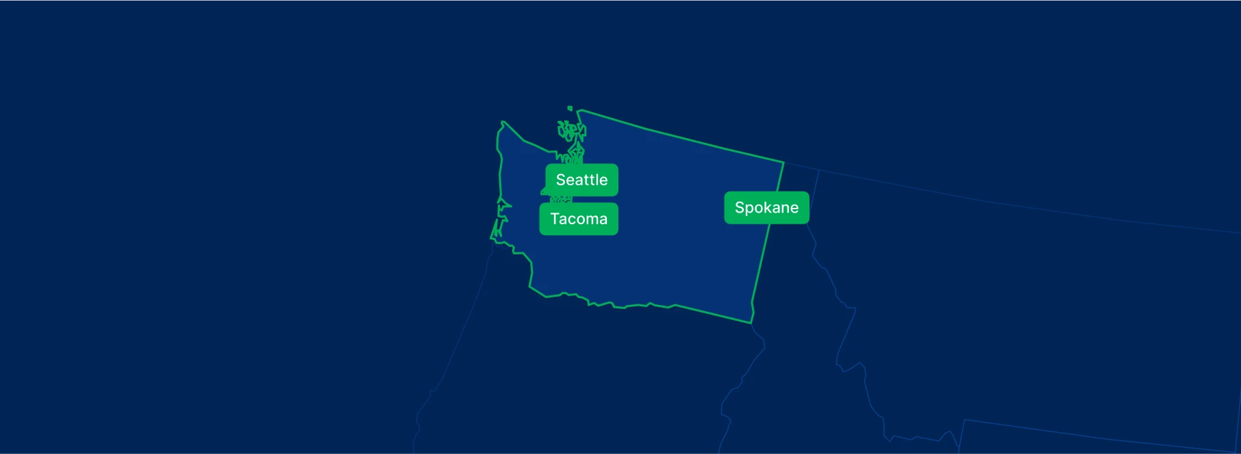 Display the Washington state on the map with highlighted cities – Seattle, Spokane and Tacoma.